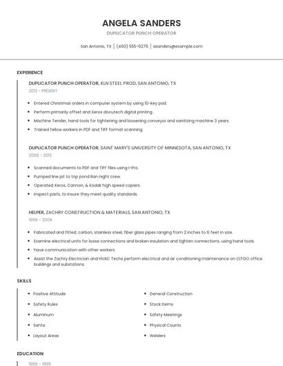 Duplicator Punch Operator Resume