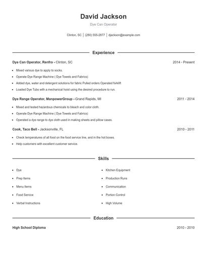 Dye Can Operator Resume