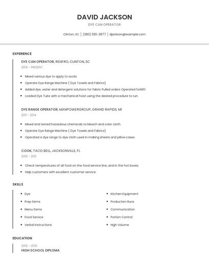 Dye Can Operator Resume