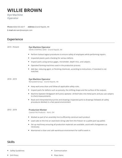 Dye Machine Operator Resume
