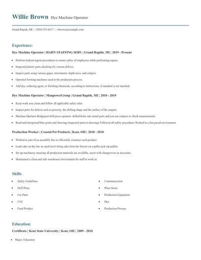 Dye Machine Operator Resume