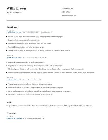 Dye Machine Operator Resume