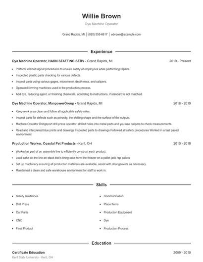 Dye Machine Operator Resume