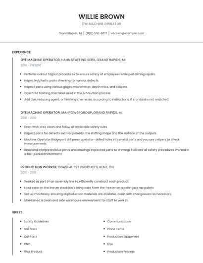 Dye Machine Operator Resume