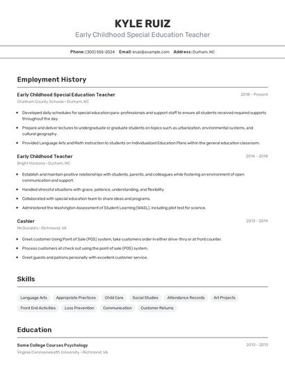 Early Childhood Special Education Teacher Resume