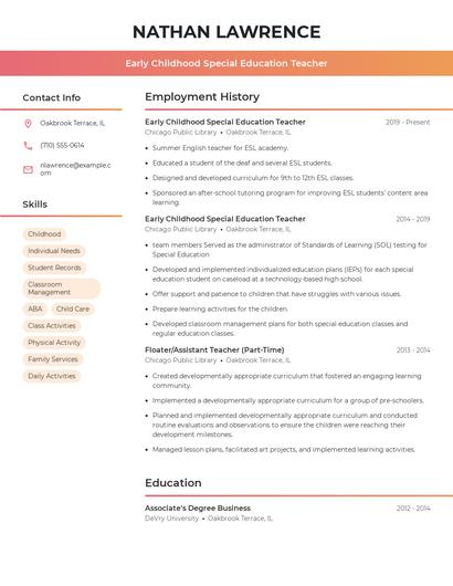 Early Childhood Special Education Teacher Resume