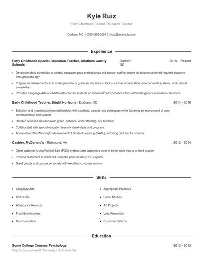 Early Childhood Special Education Teacher Resume
