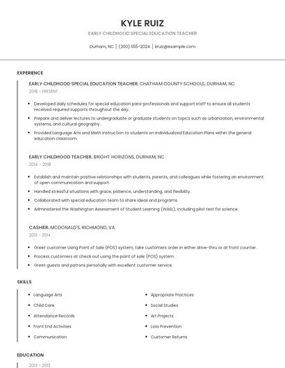 Early Childhood Special Education Teacher Resume