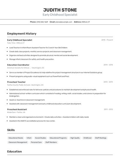 Early Childhood Specialist Resume