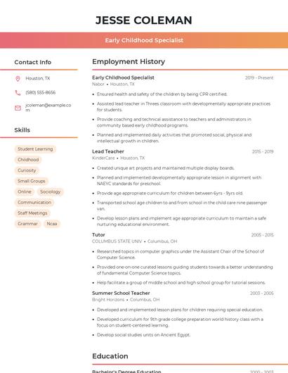 Early Childhood Specialist Resume