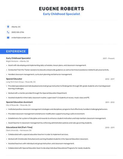 Early Childhood Specialist Resume