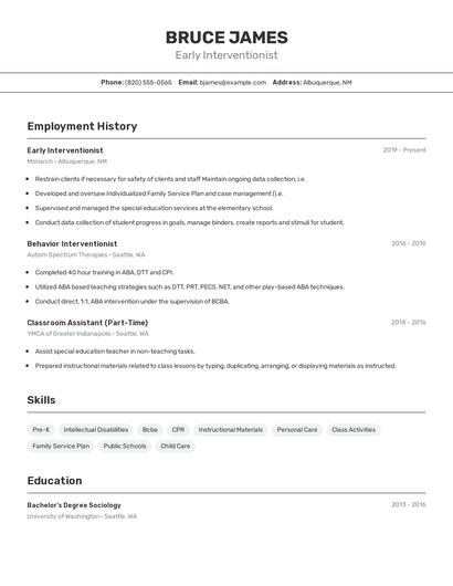 Early Interventionist Resume