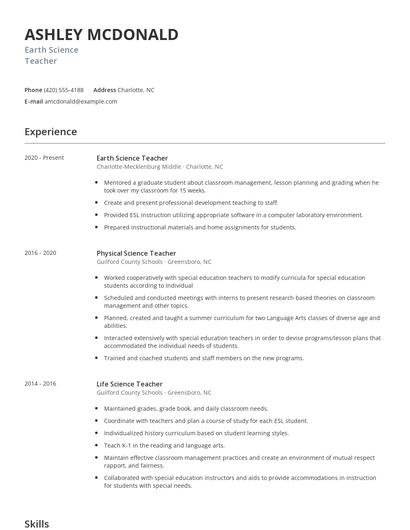 Earth Science Teacher Resume