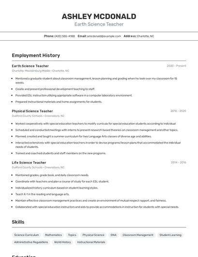 Earth Science Teacher Resume
