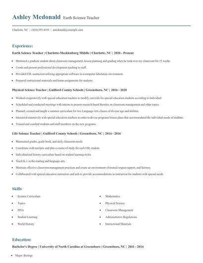 Earth Science Teacher Resume