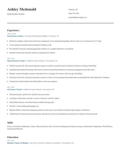 Earth Science Teacher Resume