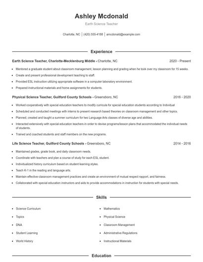 Earth Science Teacher Resume