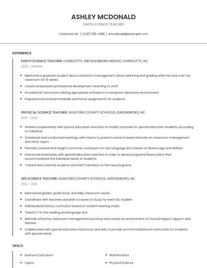 Earth Science Teacher Resume