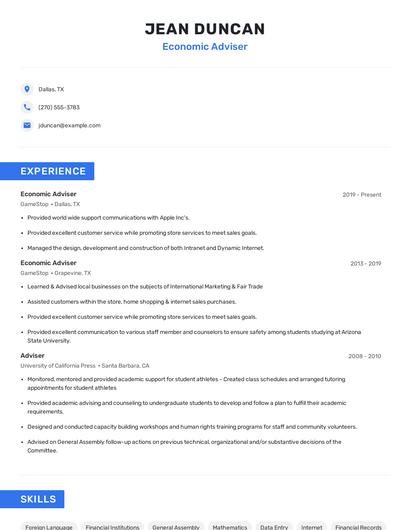 Economic Adviser Resume