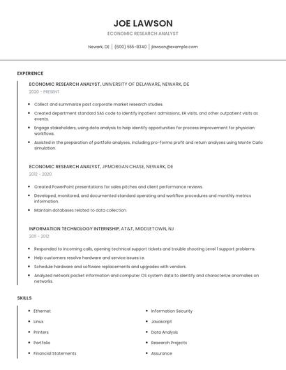 Economic Research Analyst Resume