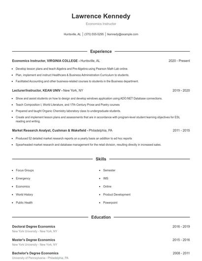 Economics Instructor Resume