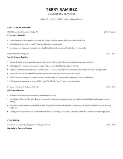 Economics Teacher Resume