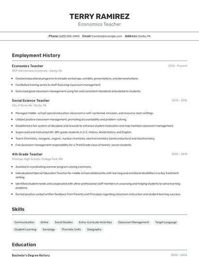 Economics Teacher Resume