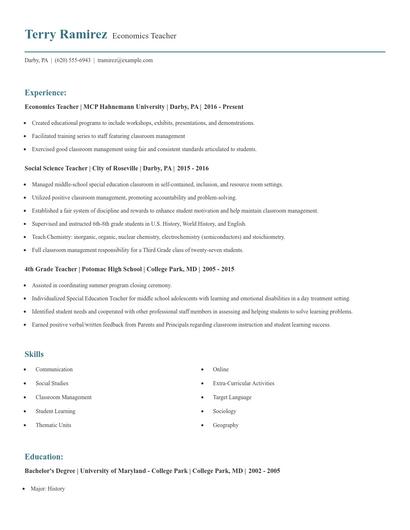 Economics Teacher Resume