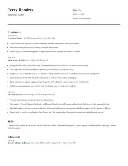 Economics Teacher Resume