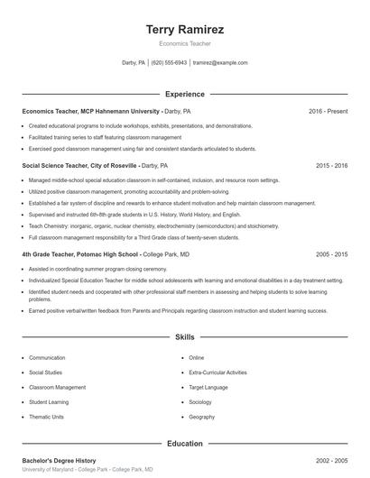 Economics Teacher Resume