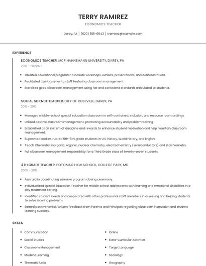 Economics Teacher Resume