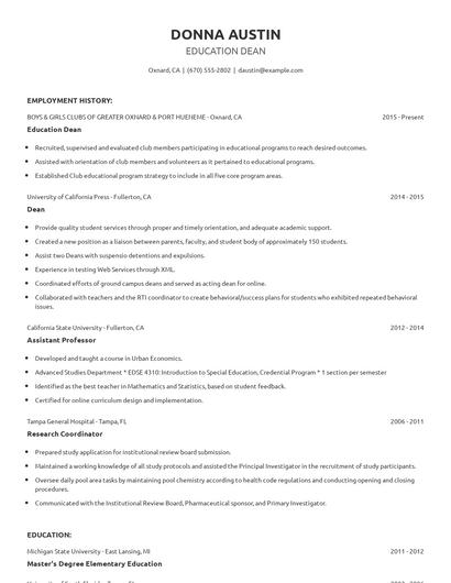 Education Dean Resume