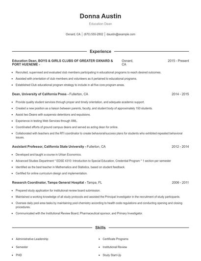 Education Dean Resume
