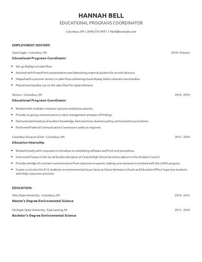 Educational Programs Coordinator Resume