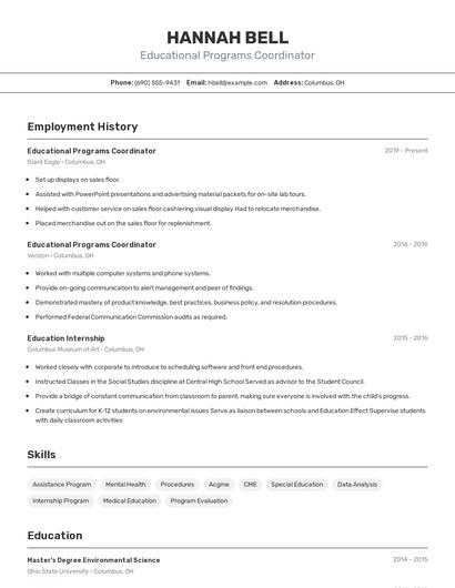 Educational Programs Coordinator Resume