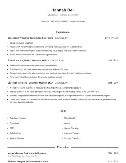 Educational Programs Coordinator Resume