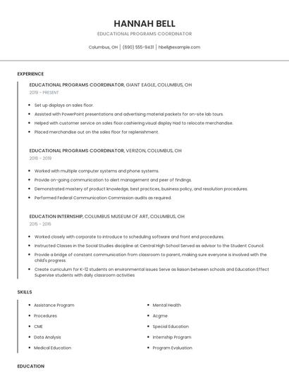 Educational Programs Coordinator Resume