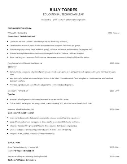Educational Technician Lead Resume