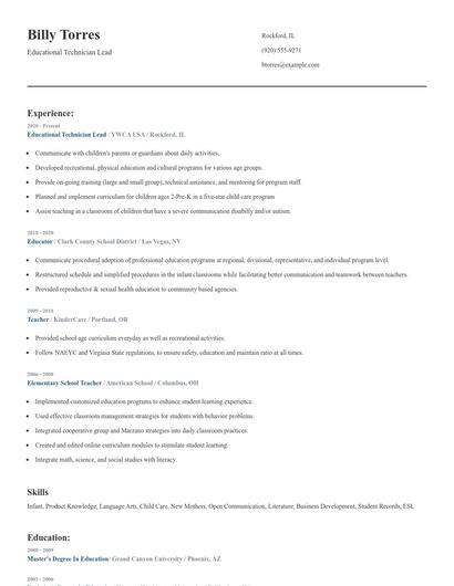 Educational Technician Lead Resume