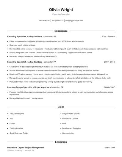 Elearning Specialist Resume