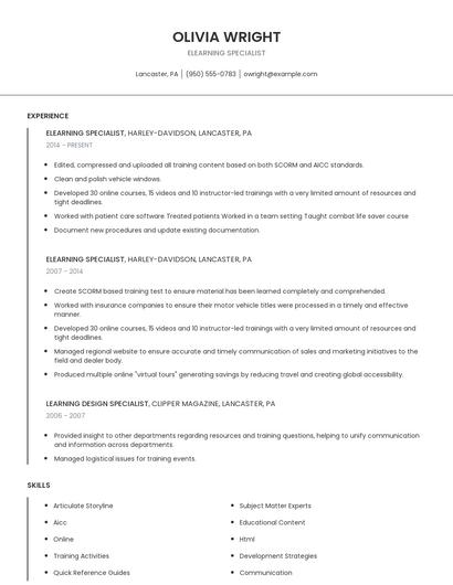 Elearning Specialist Resume