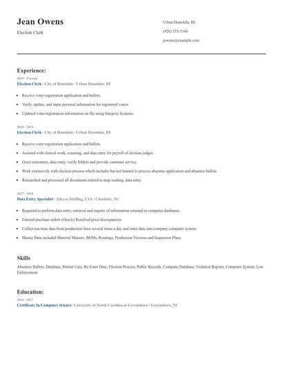 Election Clerk Resume