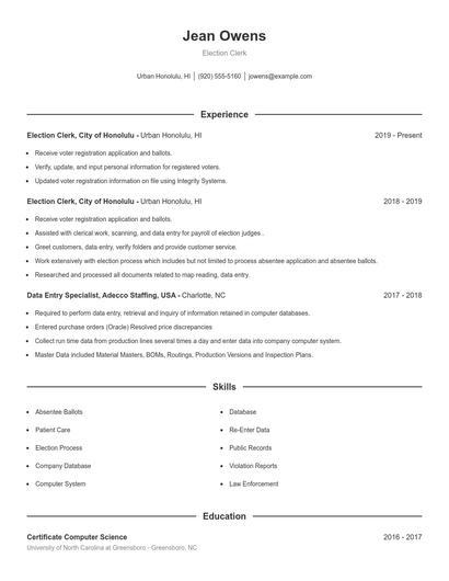 Election Clerk Resume