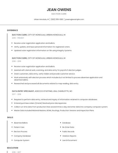 Election Clerk Resume