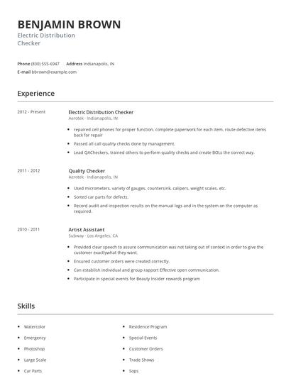 Electric Distribution Checker Resume