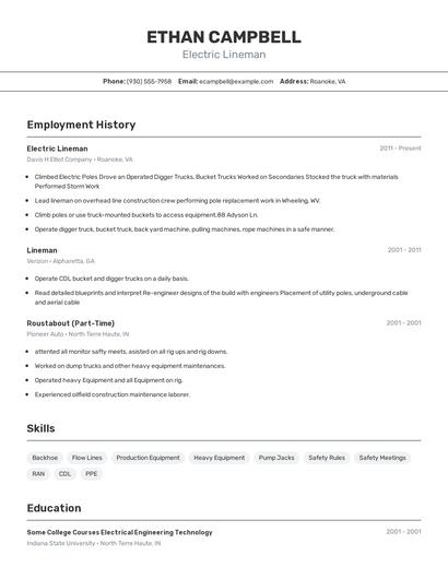 Electric Lineman Resume