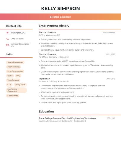 Electric Lineman Resume