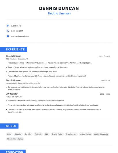 Electric Lineman Resume