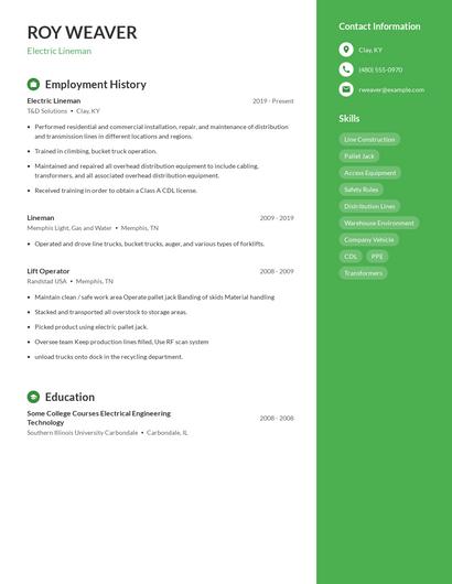Electric Lineman Resume
