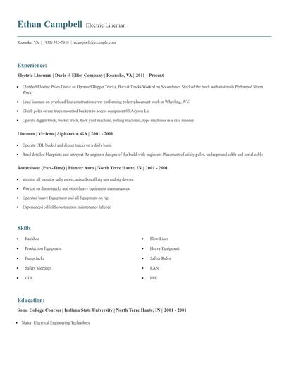 Electric Lineman Resume